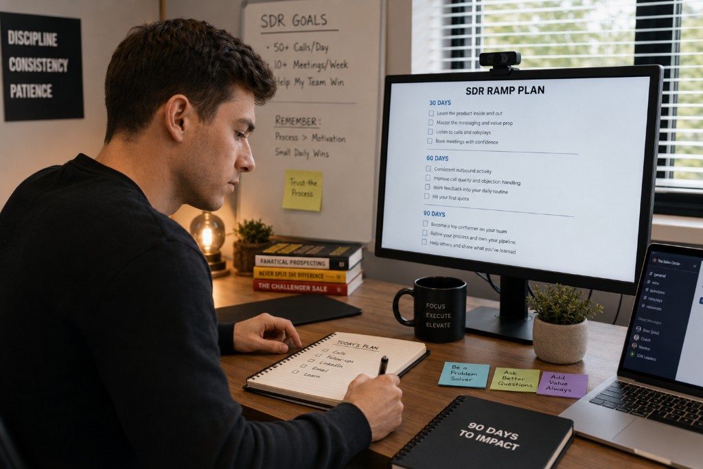 SDR ramp plan on desk: first 90 days, daily execution, and ongoing coaching support